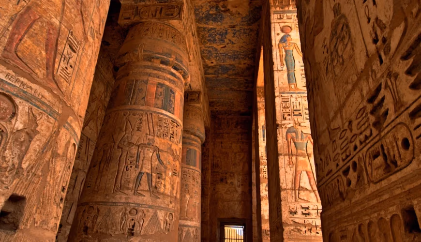 Ancient Egyptian temple with hieroglyphics.